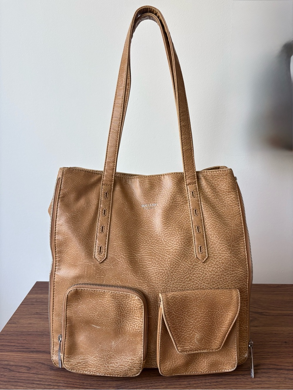 Textured Tan Leather Tote with Front Pockets